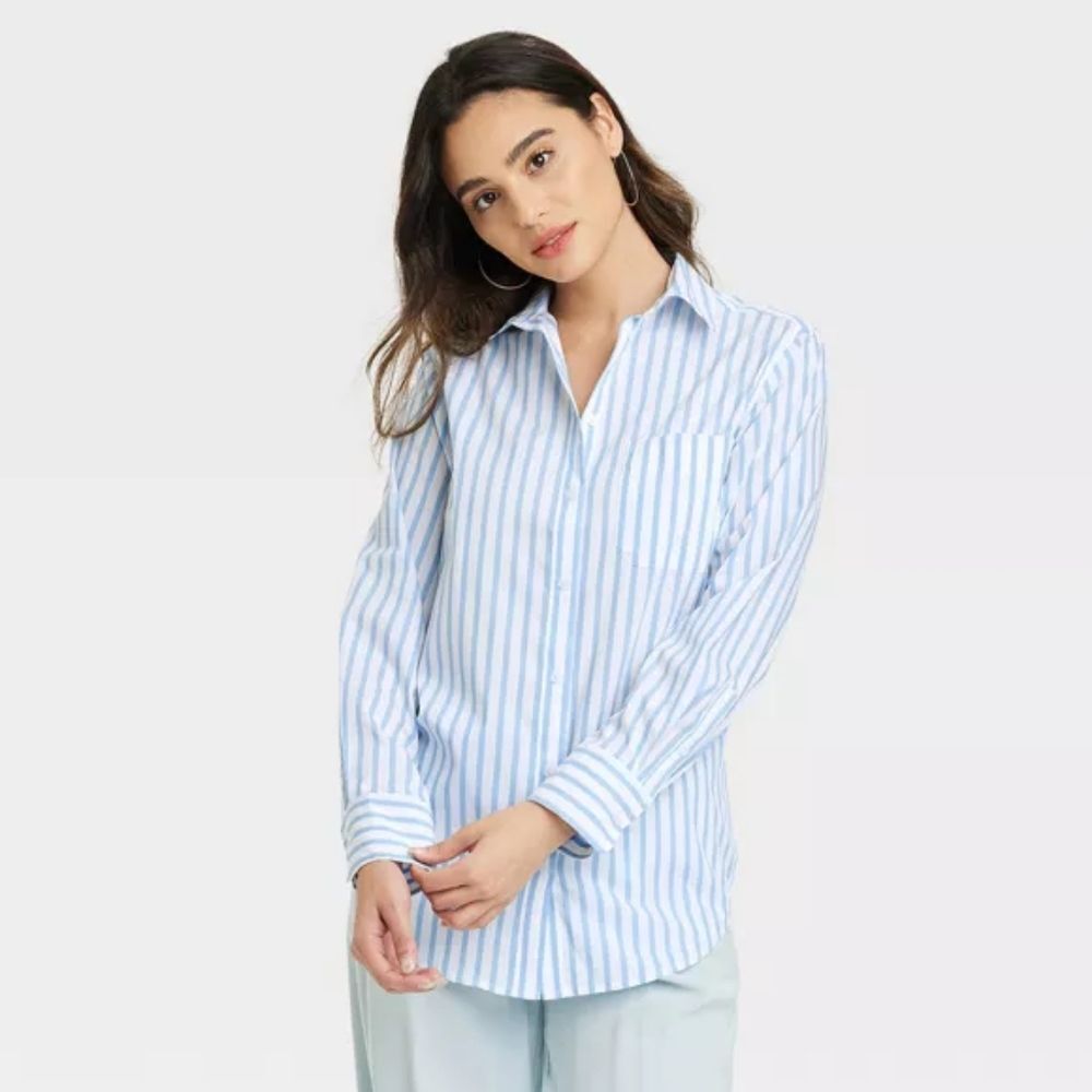 A New Day Women's NWT Blue Slim Fit Boyfriend Tailored Button Down Shirt Medium - Picture 1 of 11